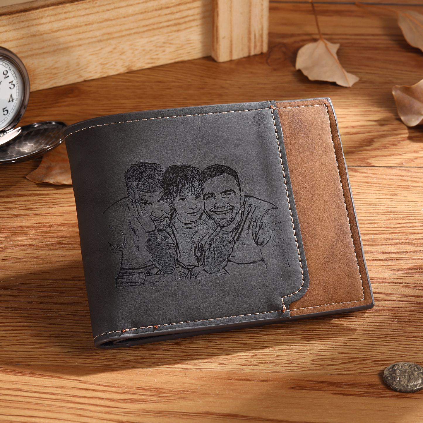 Personalized Men's Wallet with Custom Photo & Name & Letter PU Leather Wallet Christmas Gift for Dad/Grandpa | Jessemade