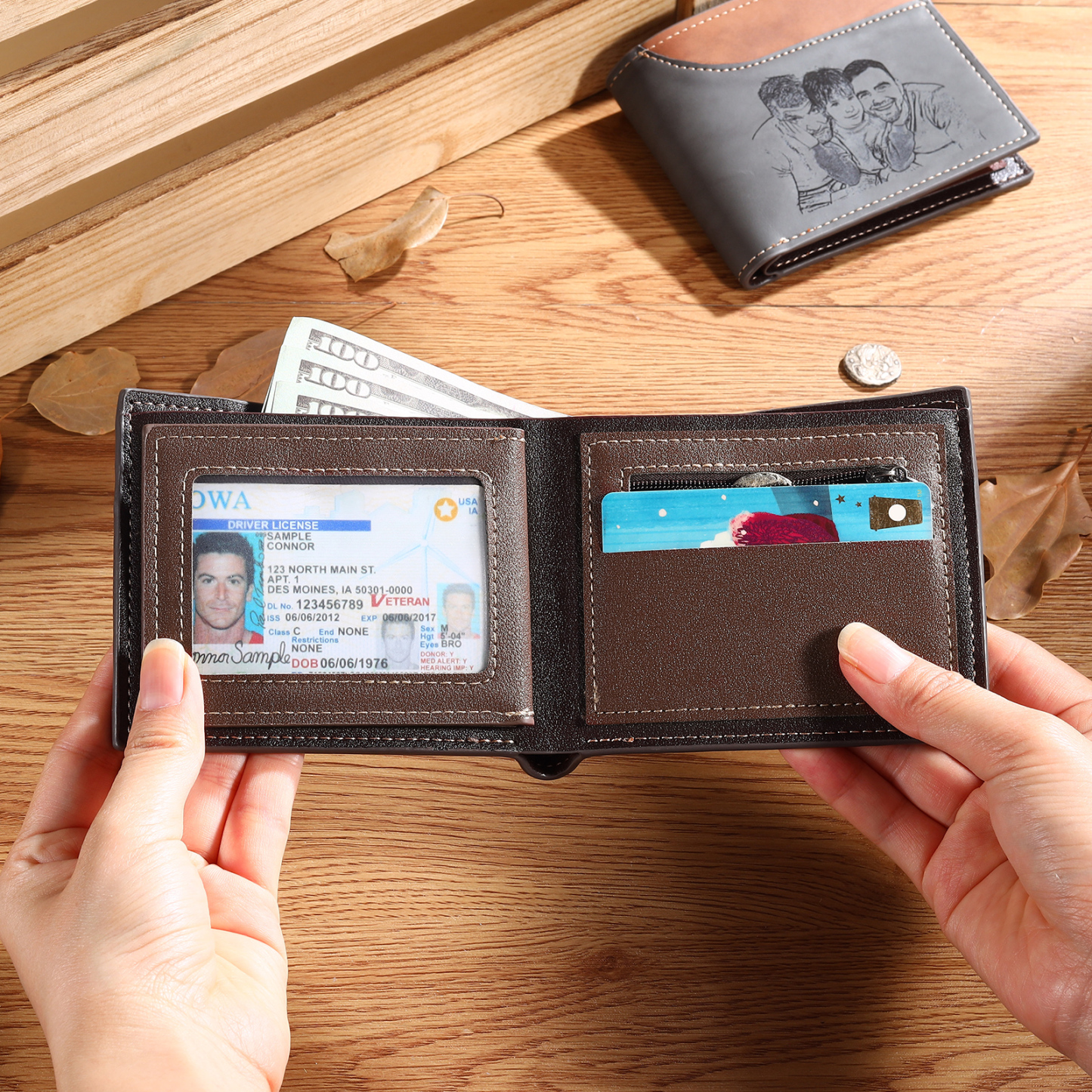 Personalized Men's Wallet with Custom Photo & Name & Letter PU Leather Wallet Christmas Gift for Dad/Grandpa | Jessemade