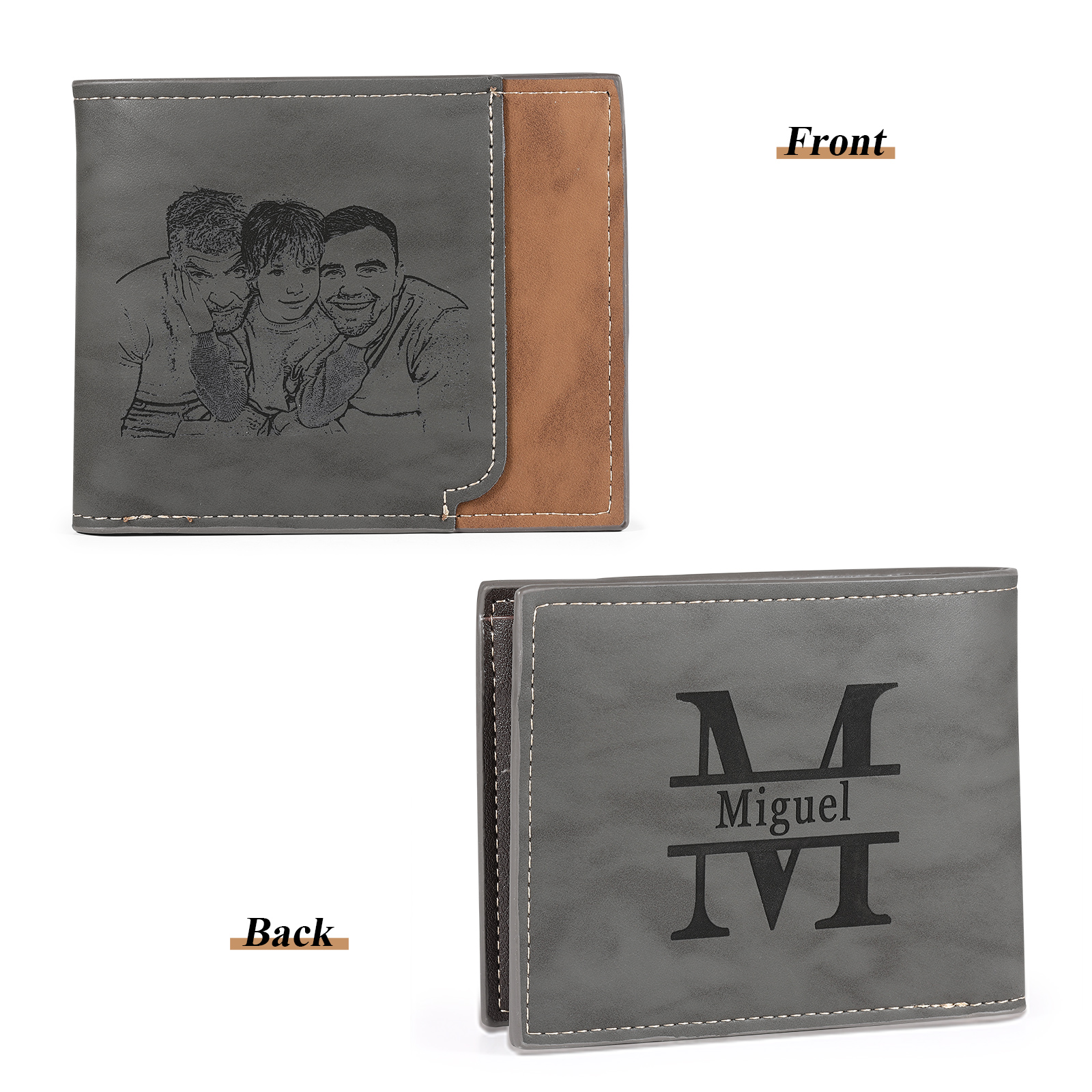 Personalized Men's Wallet with Custom Photo & Name & Letter PU Leather Wallet Christmas Gift for Dad/Grandpa | Jessemade