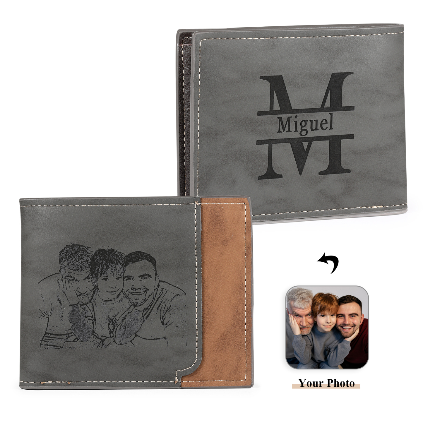 Personalized Men's Wallet with Custom Photo & Name & Letter PU Leather Wallet Christmas Gift for Dad/Grandpa | Jessemade