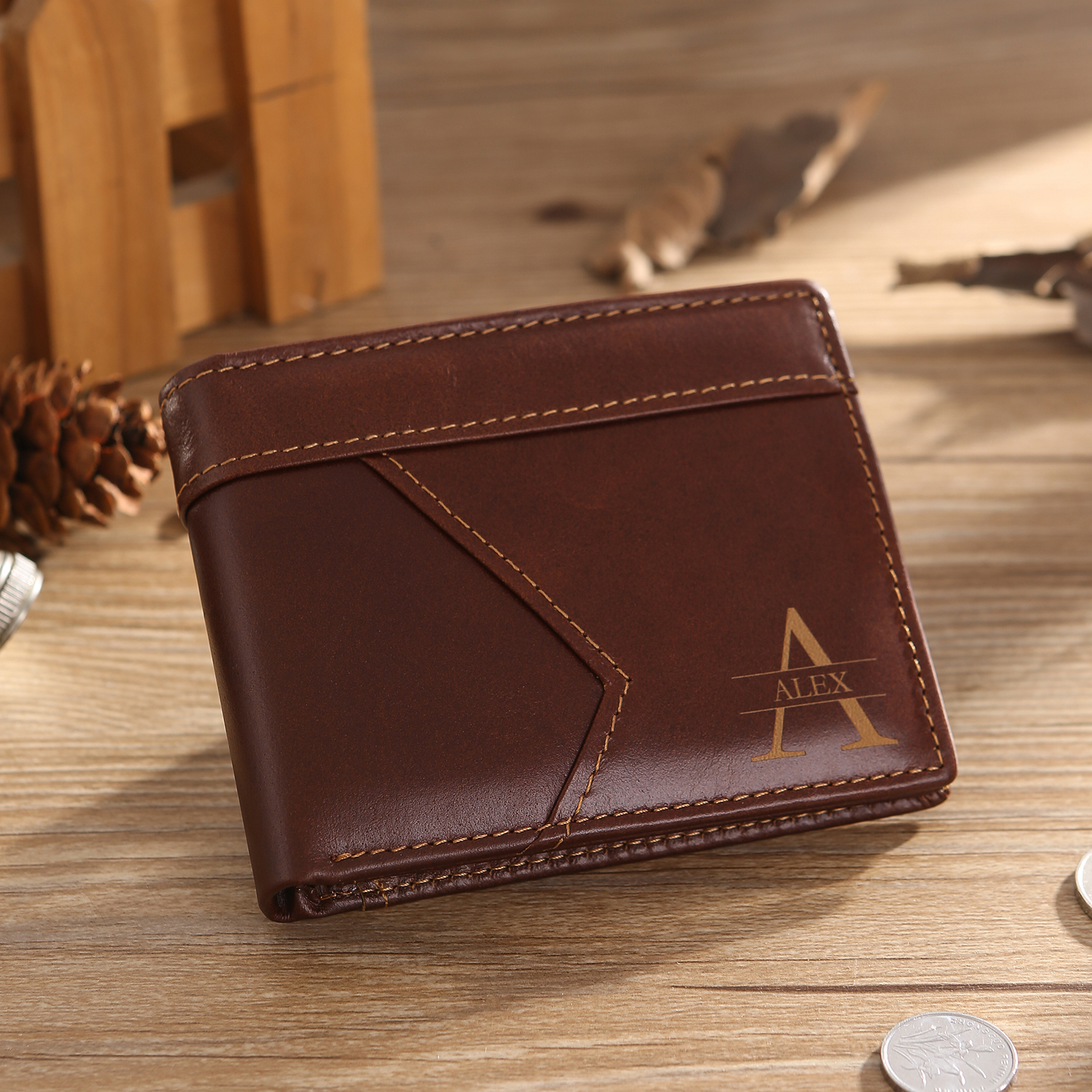Personalised First  Layer Leather Men's Wallet - Custom Name and Letter Gift for Him | Jessemade