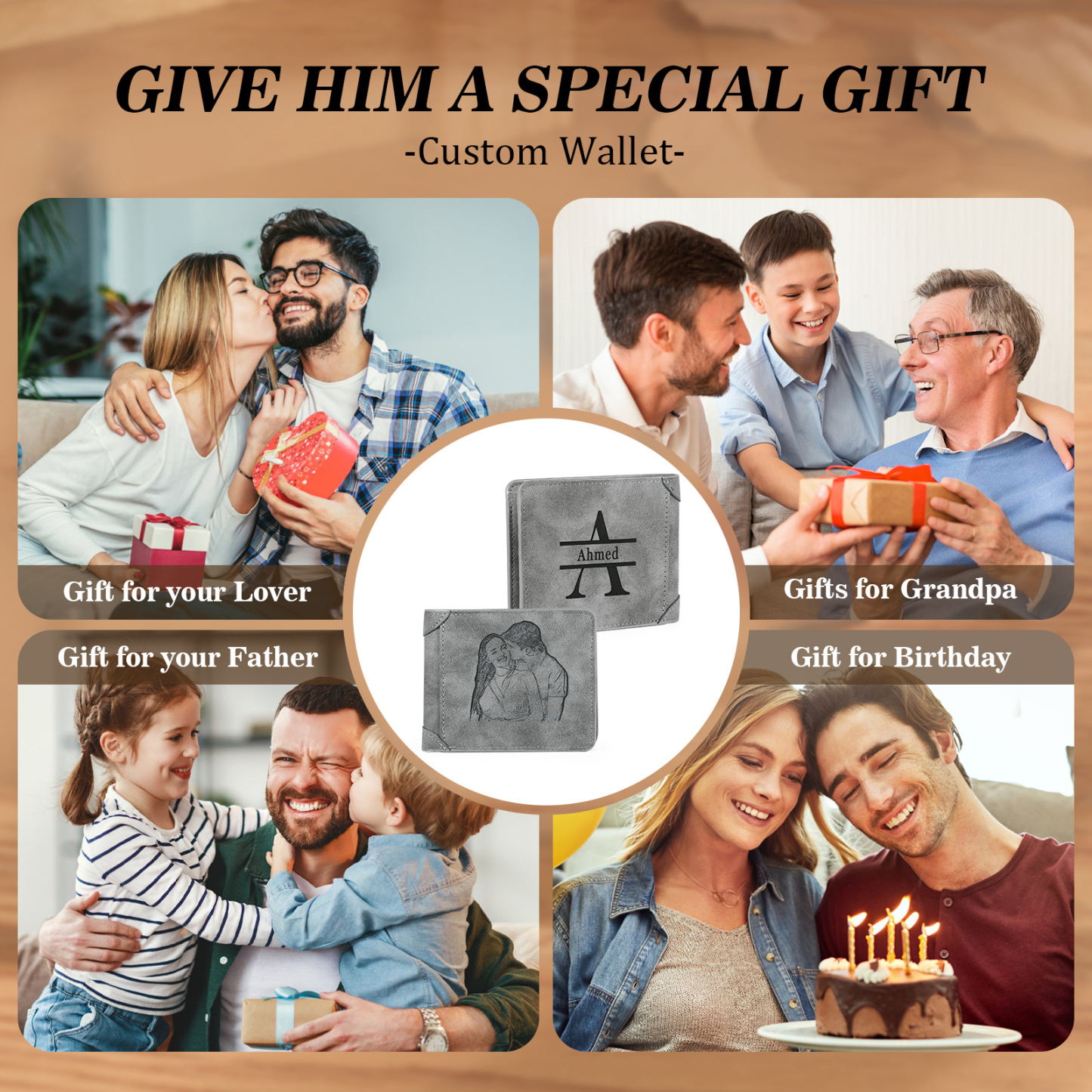 Personalised Men's Wallet with Custom Photo & Name & Letter PU Leather Wallet Couple Gift for Him | Jessemade