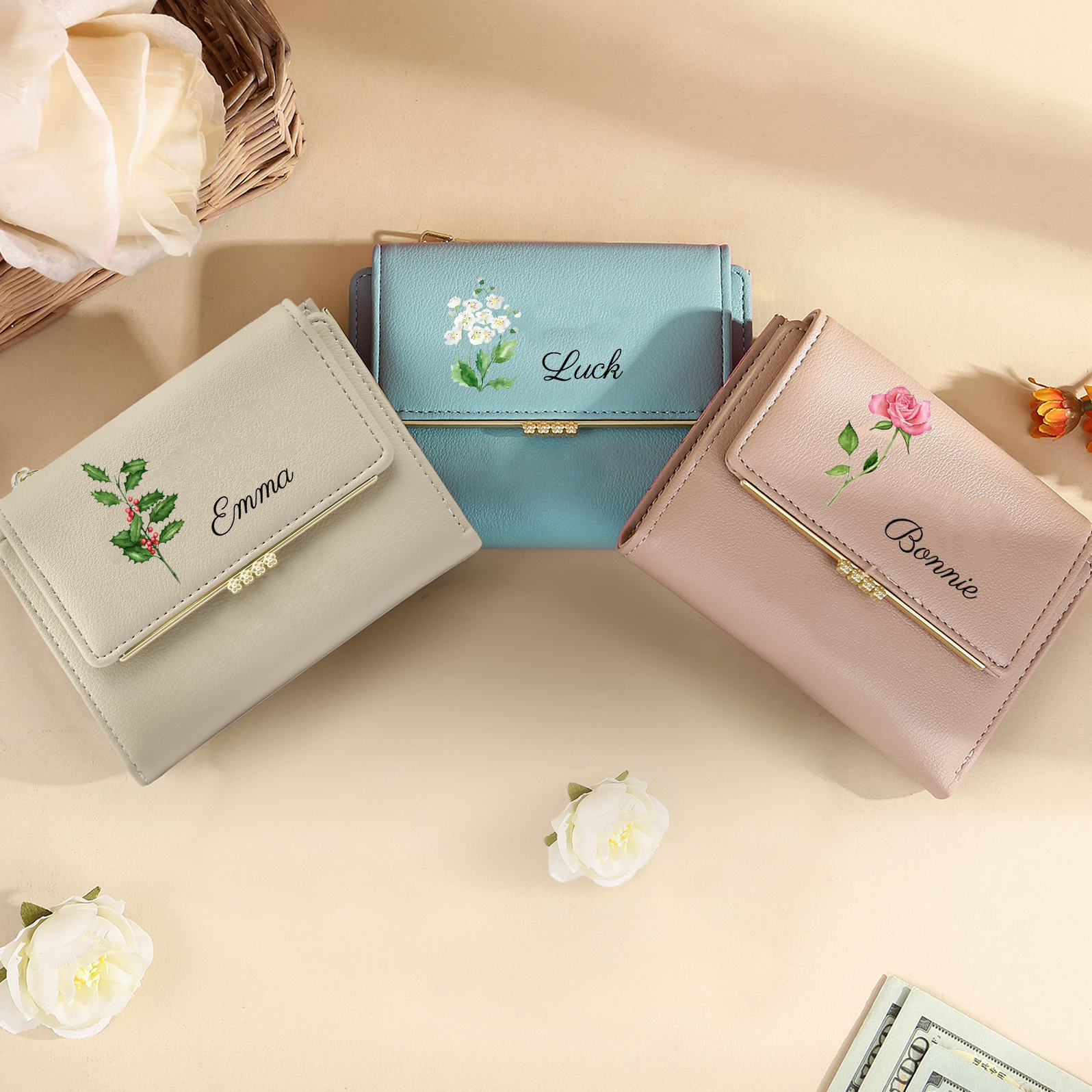 Personalized Women's Wallet with Custom 1 Name & Photo & Birth Flower - Leather Folding Zipper Wallet for Her | Jessmade