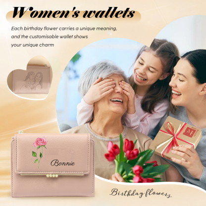 Personalized Women's Wallet with Custom 1 Name & Photo & Birth Flower - Leather Folding Zipper Wallet for Her | Jessmade