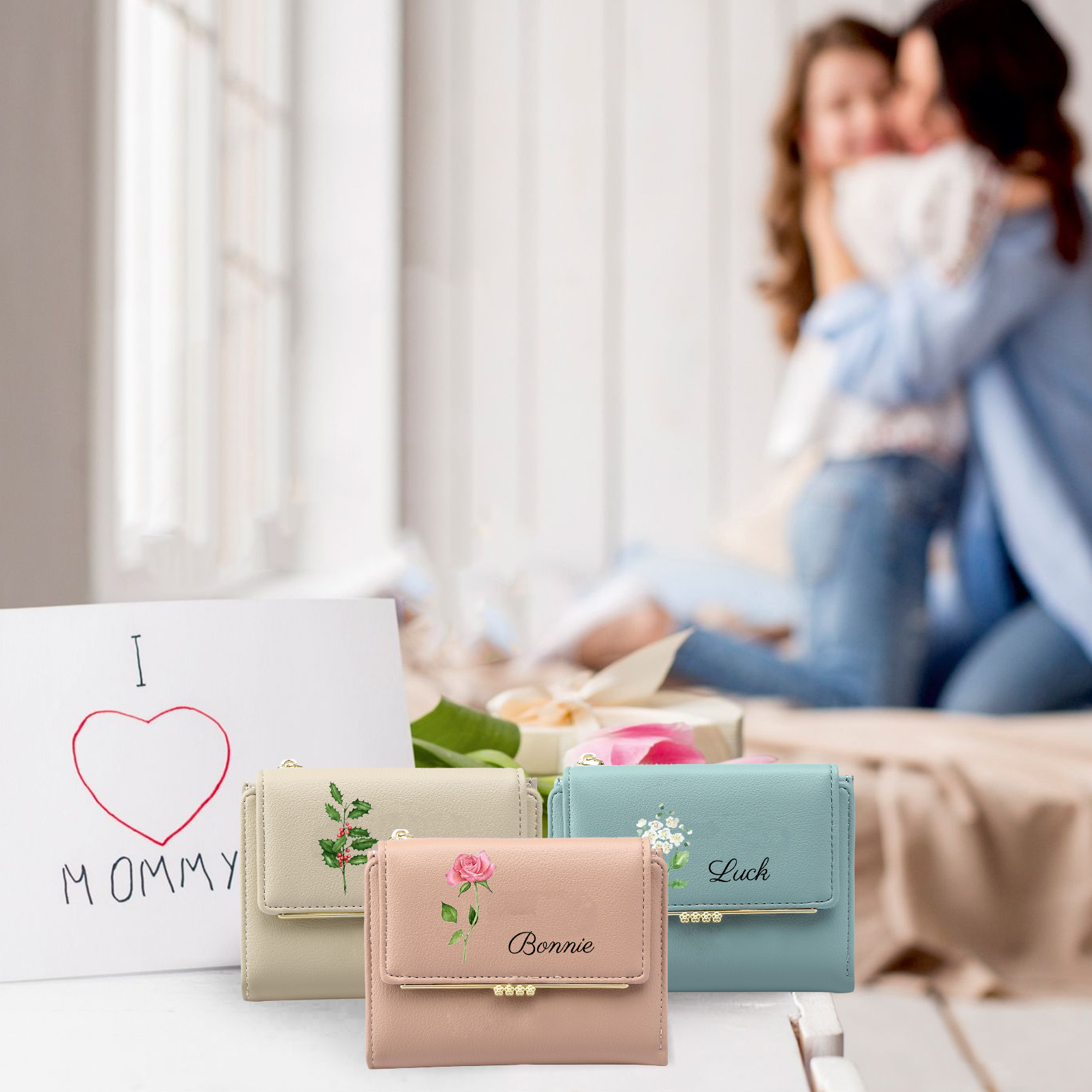 Personalized Women's Wallet with Custom 1 Name & Photo & Birth Flower - Leather Folding Zipper Wallet for Her | Jessmade