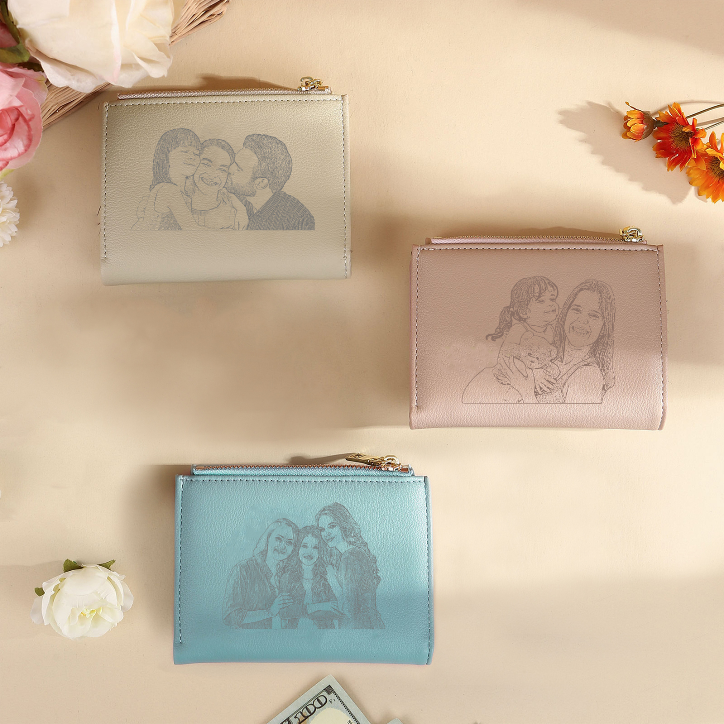 Personalized Women's Wallet with Custom 1 Name & Photo & Birth Flower - Leather Folding Zipper Wallet for Her | Jessmade