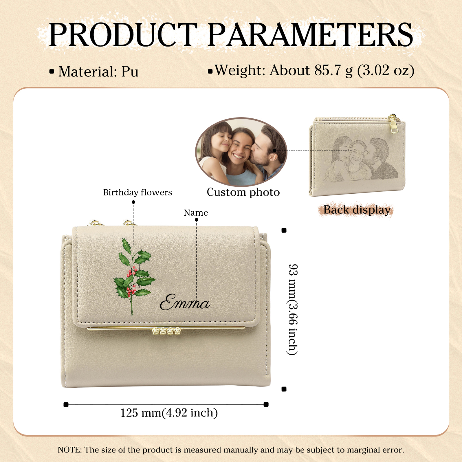 Personalized Women's Wallet with Custom 1 Name & Photo & Birth Flower - Leather Folding Zipper Wallet for Her | Jessmade