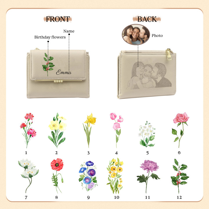 Personalized Women's Wallet with Custom 1 Name & Photo & Birth Flower - Leather Folding Zipper Wallet for Her | Jessmade