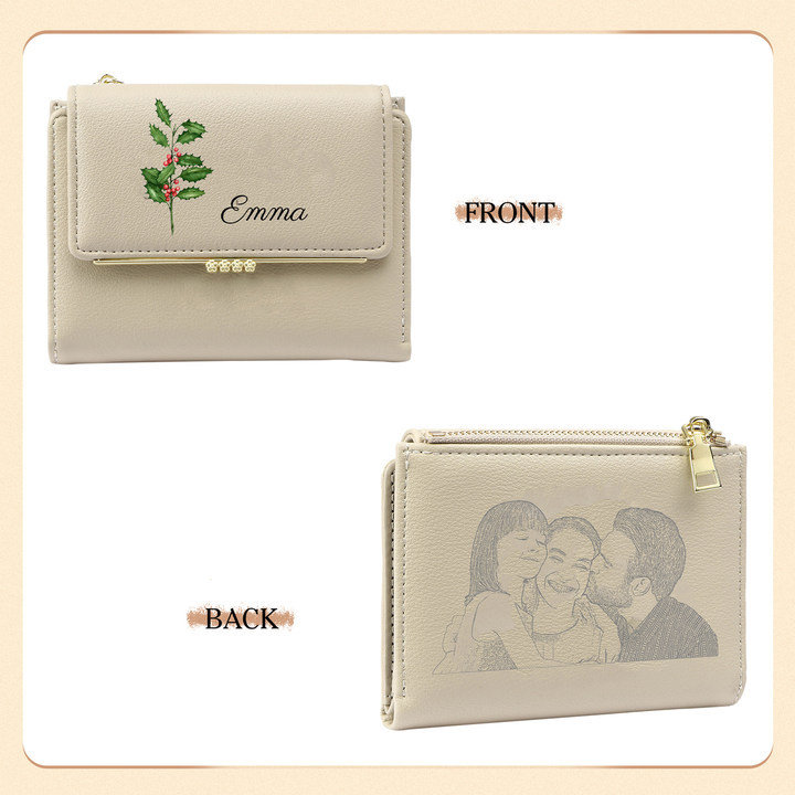 Personalized Women's Wallet with Custom 1 Name & Photo & Birth Flower - Leather Folding Zipper Wallet for Her | Jessmade