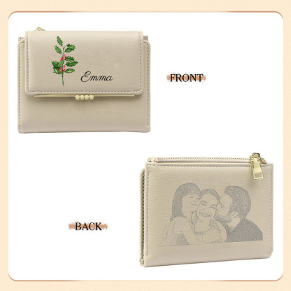 Personalized Women's Wallet with Custom 1 Name & Photo & Birth Flower - Leather Folding Zipper Wallet for Her | Jessmade