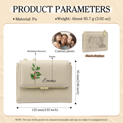 Personalized Women's Wallet with Custom 1 Name & Photo & Birth Flower - Leather Folding Zipper Wallet for Her | Jessmade