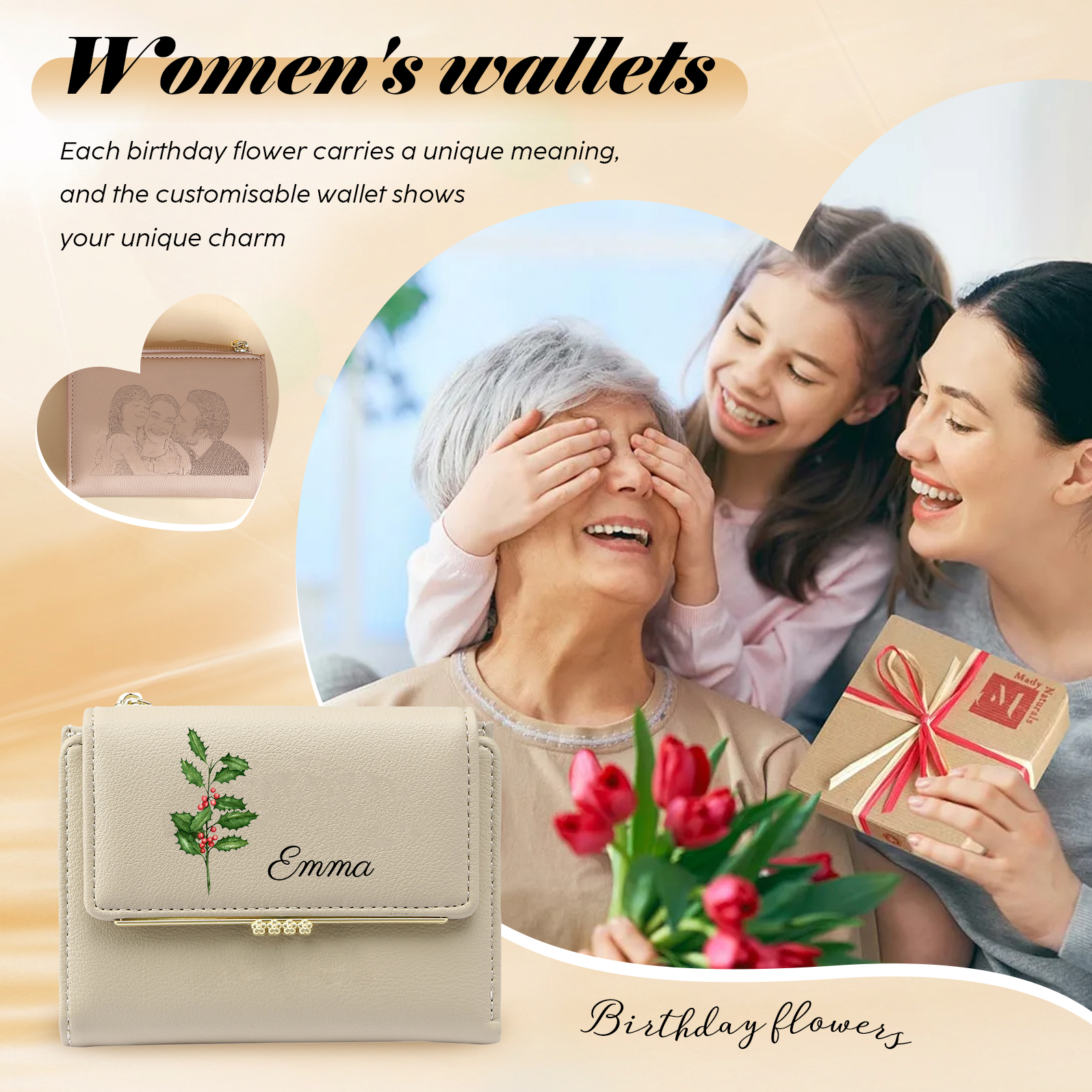 Personalized Women's Wallet with Custom 1 Name & Photo & Birth Flower - Leather Folding Zipper Wallet for Her | Jessmade