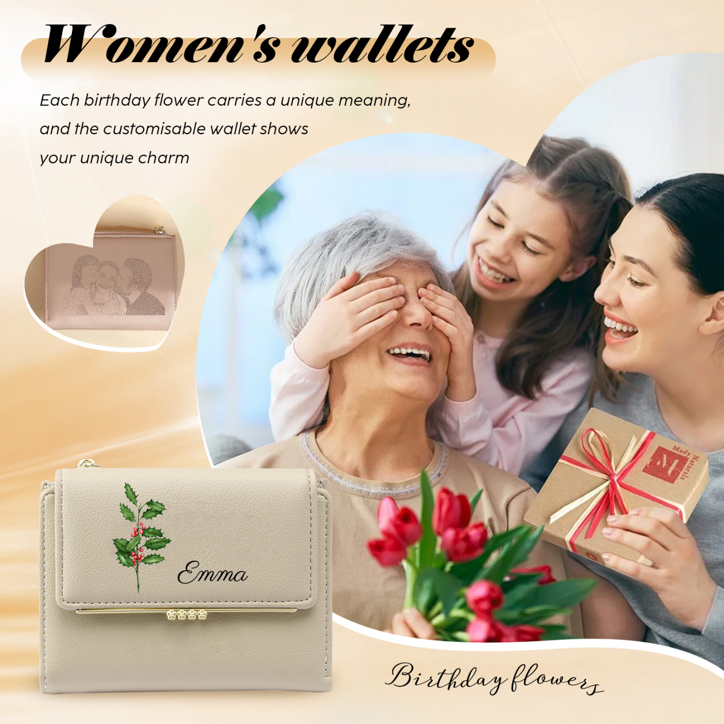 Personalized Women's Wallet with Custom 1 Name & Photo & Birth Flower - Leather Folding Zipper Wallet for Her | Jessmade