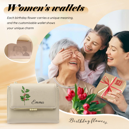 Personalized Women's Wallet with Custom 1 Name & Photo & Birth Flower - Leather Folding Zipper Wallet for Her | Jessmade