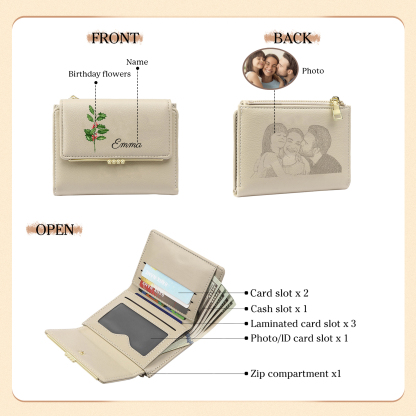Personalized Women's Wallet with Custom 1 Name & Photo & Birth Flower - Leather Folding Zipper Wallet for Her | Jessmade