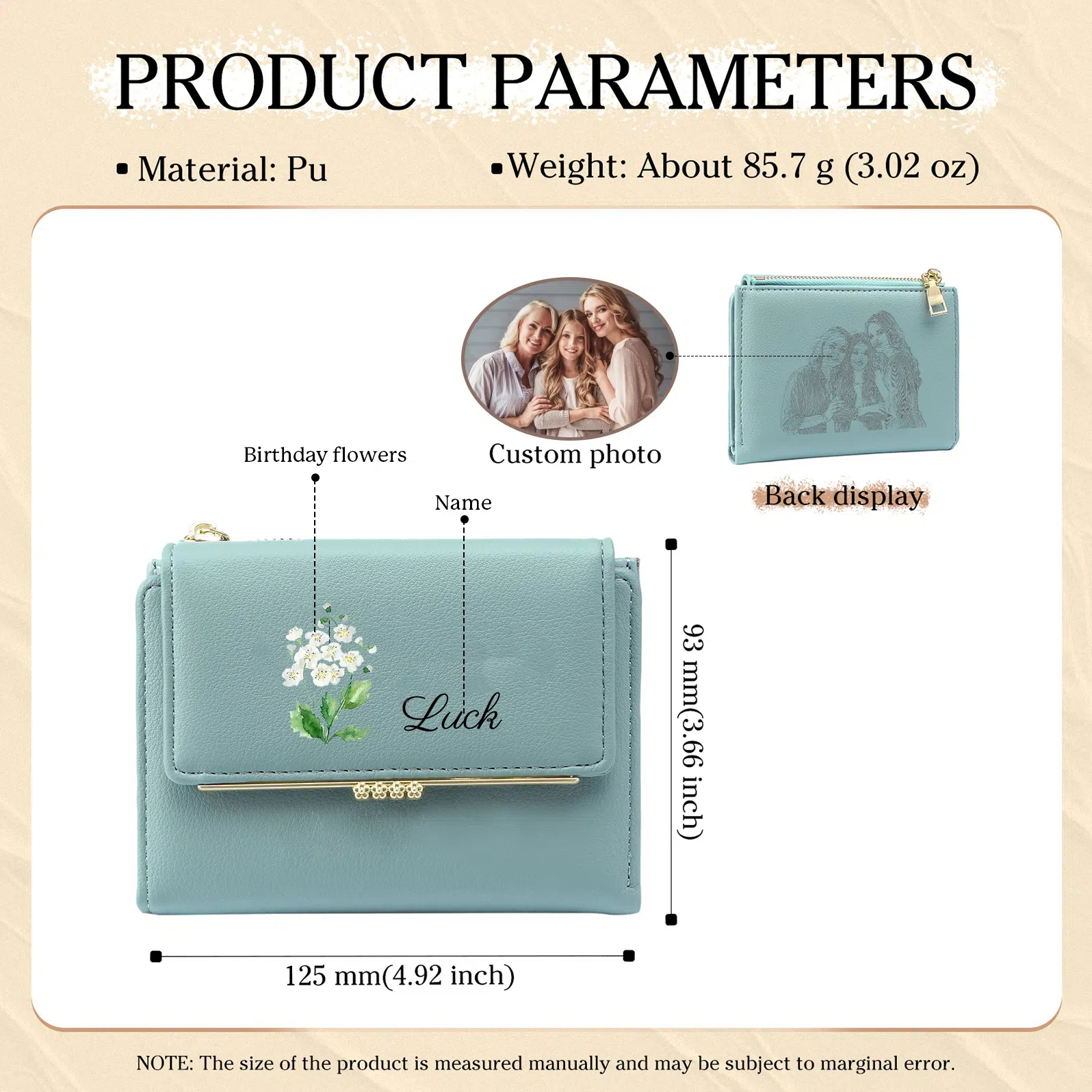 Personalized Women's Wallet with Custom 1 Name & Photo & Birth Flower - Leather Folding Zipper Wallet for Her | Jessmade