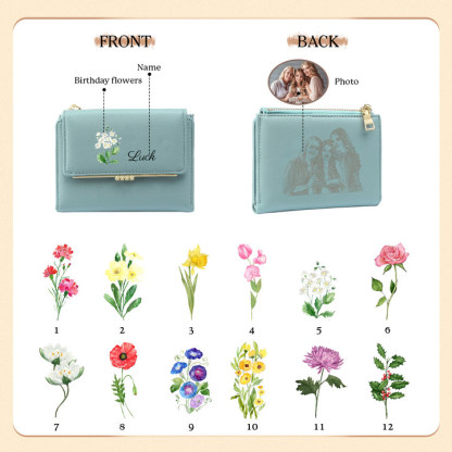 Personalized Women's Wallet with Custom 1 Name & Photo & Birth Flower - Leather Folding Zipper Wallet for Her | Jessmade