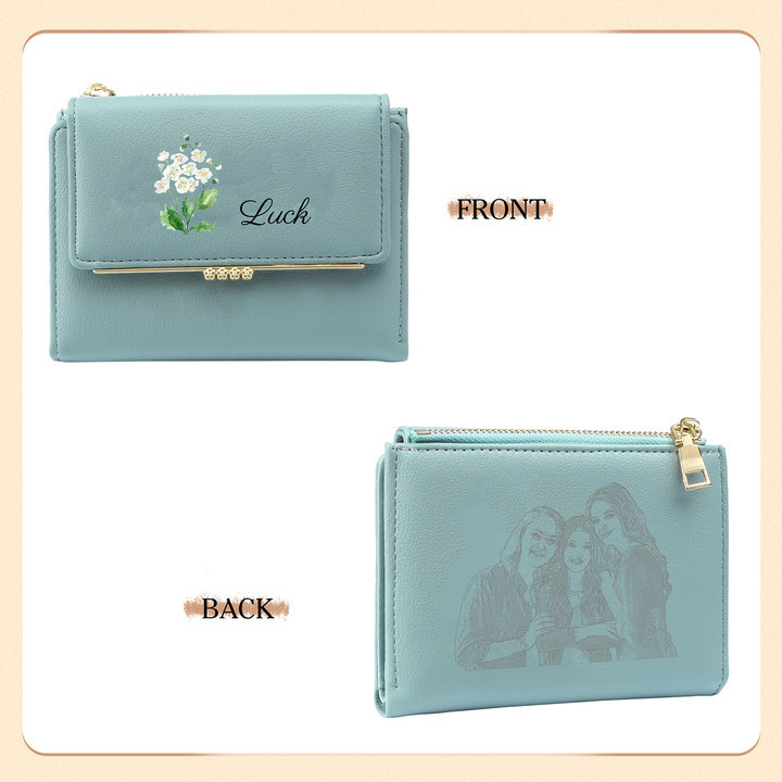 Personalized Women's Wallet with Custom 1 Name & Photo & Birth Flower - Leather Folding Zipper Wallet for Her | Jessmade