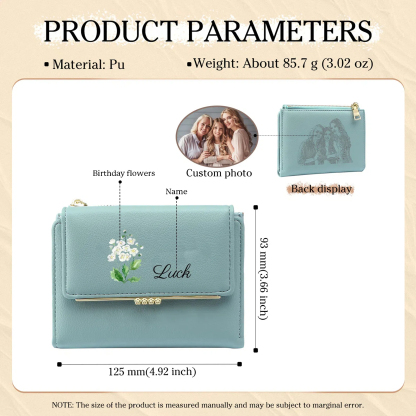 Personalized Women's Wallet with Custom 1 Name & Photo & Birth Flower - Leather Folding Zipper Wallet for Her | Jessmade