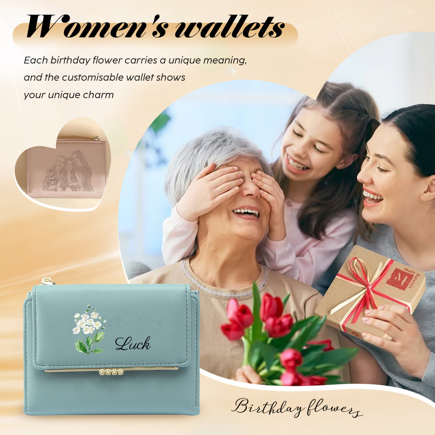 Personalized Women's Wallet with Custom 1 Name & Photo & Birth Flower - Leather Folding Zipper Wallet for Her | Jessmade