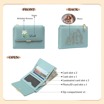 Personalized Women's Wallet with Custom 1 Name & Photo & Birth Flower - Leather Folding Zipper Wallet for Her | Jessmade