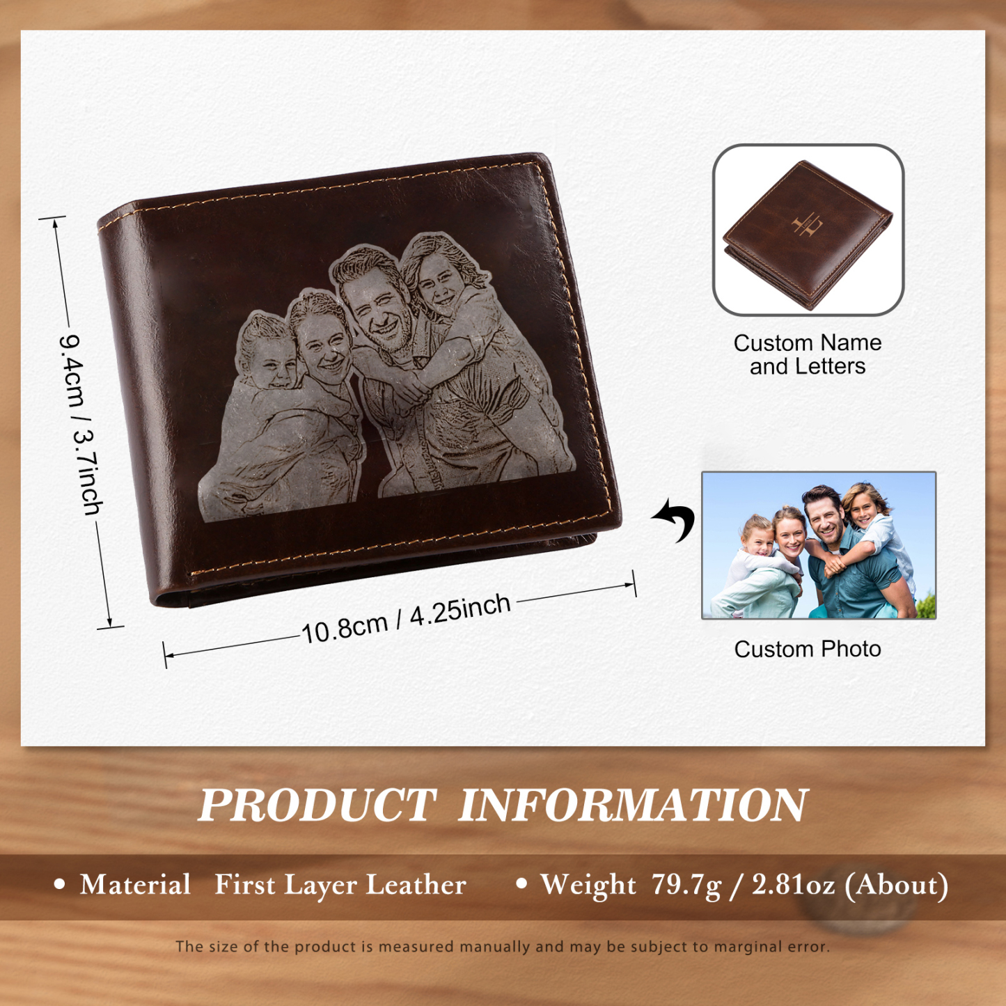 Personalized Men's Genuine Leather Wallet with Custom Photo, Name, and Letters - Christmas Gift for Dad/Grandad/Husband | Jessemade