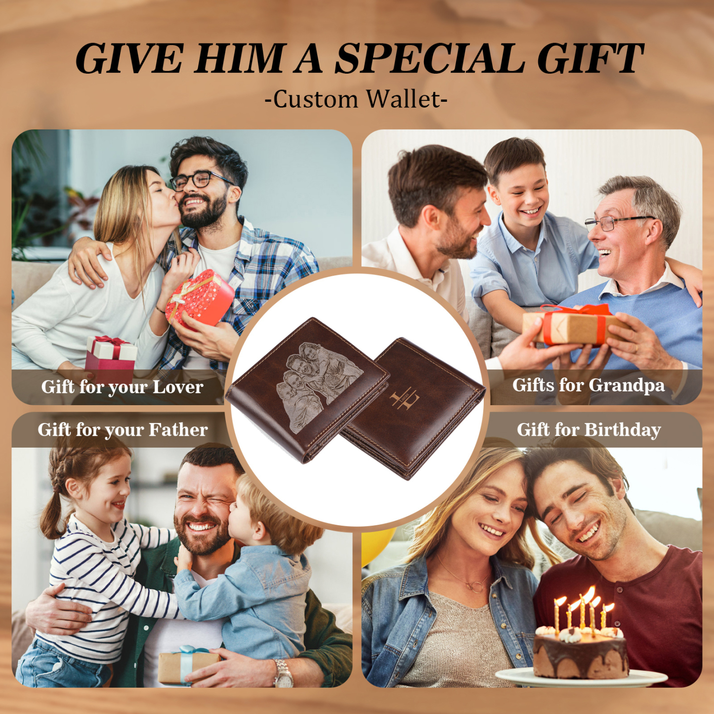 Personalized Men's Genuine Leather Wallet with Custom Photo, Name, and Letters - Christmas Gift for Dad/Grandad/Husband | Jessemade