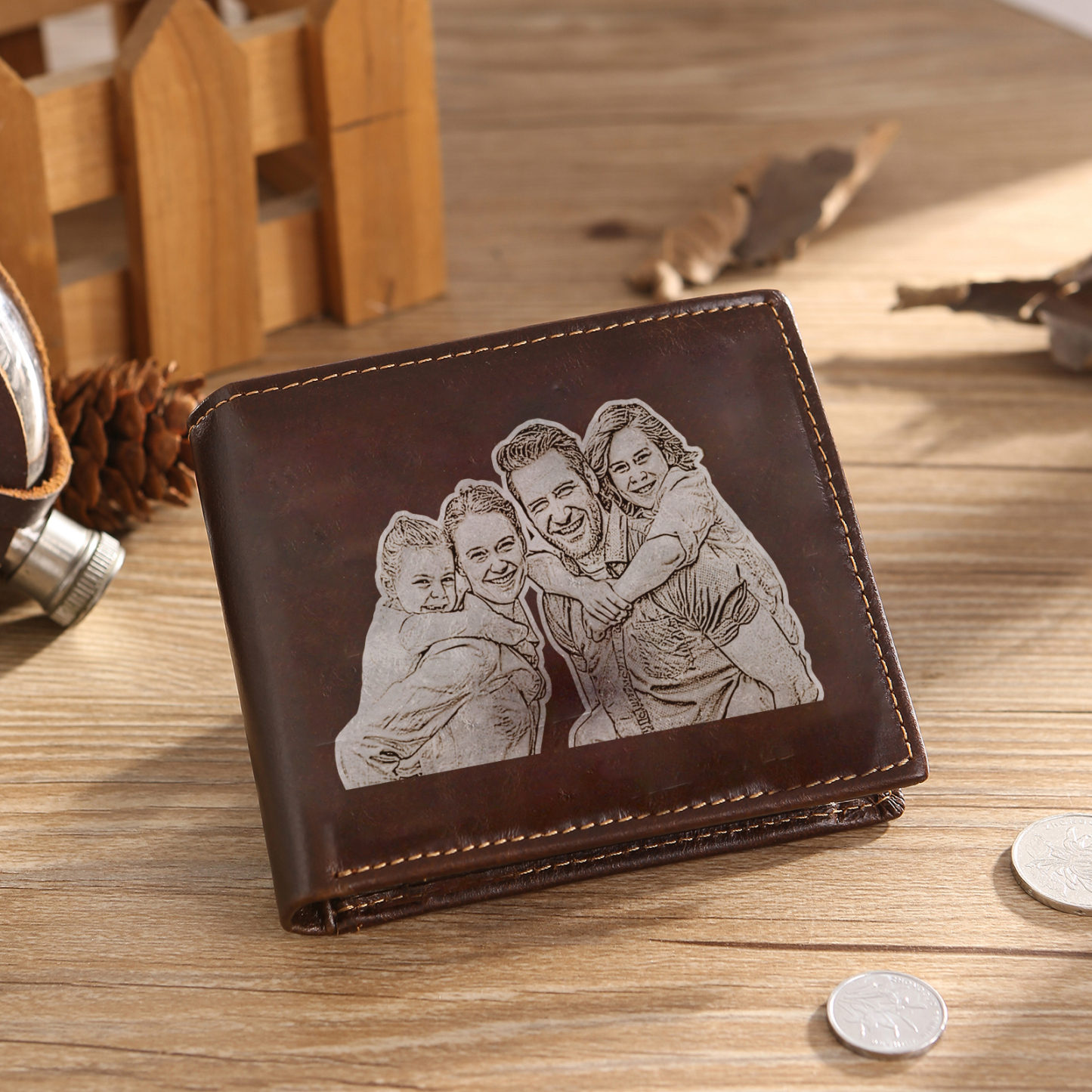 Personalized Men's Genuine Leather Wallet with Custom Photo, Name, and Letters - Christmas Gift for Dad/Grandad/Husband | Jessemade