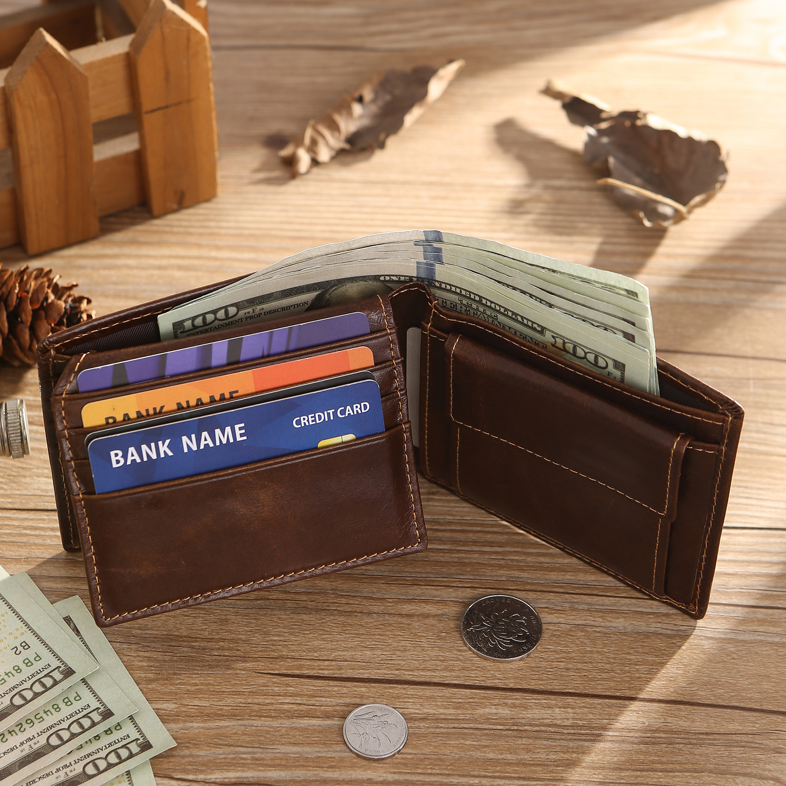Personalized Men's Genuine Leather Wallet with Custom Photo, Name, and Letters - Christmas Gift for Dad/Grandad/Husband | Jessemade