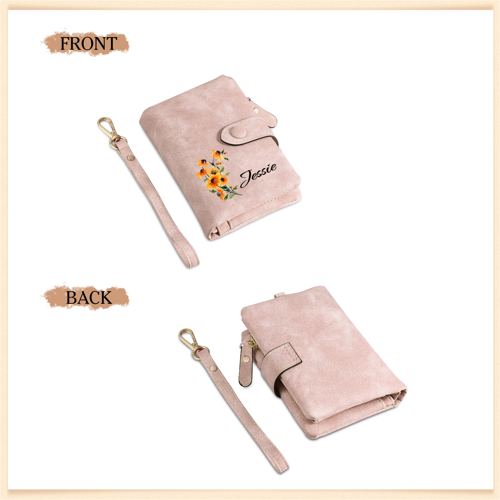 Personalised Women's Purse with Custom Name and Birth Flower – Pink Wallet , Christmas Gift for Her | Jessemade