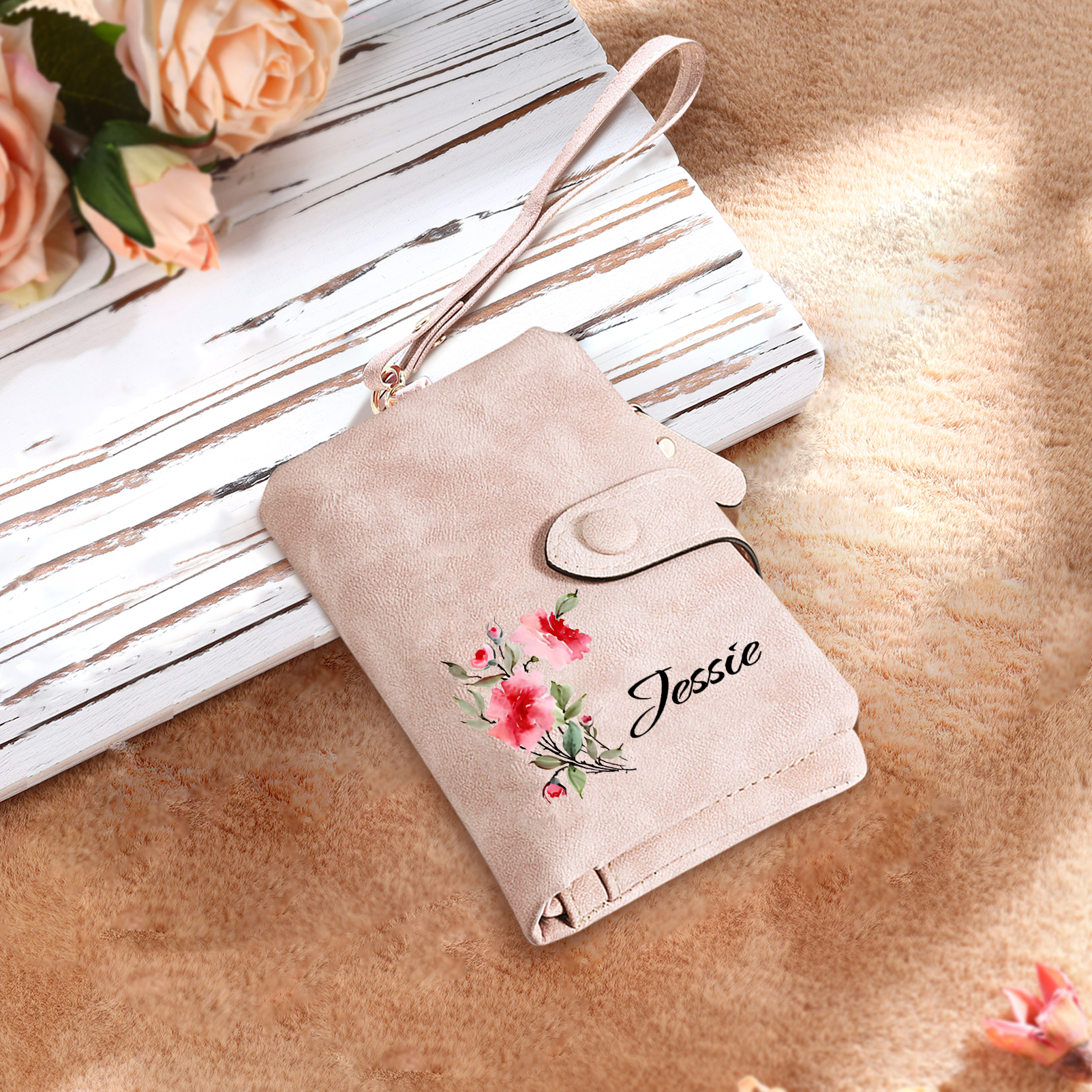 Personalised Women's Purse with Custom Name and Birth Flower – Pink Wallet , Christmas Gift for Her | Jessemade