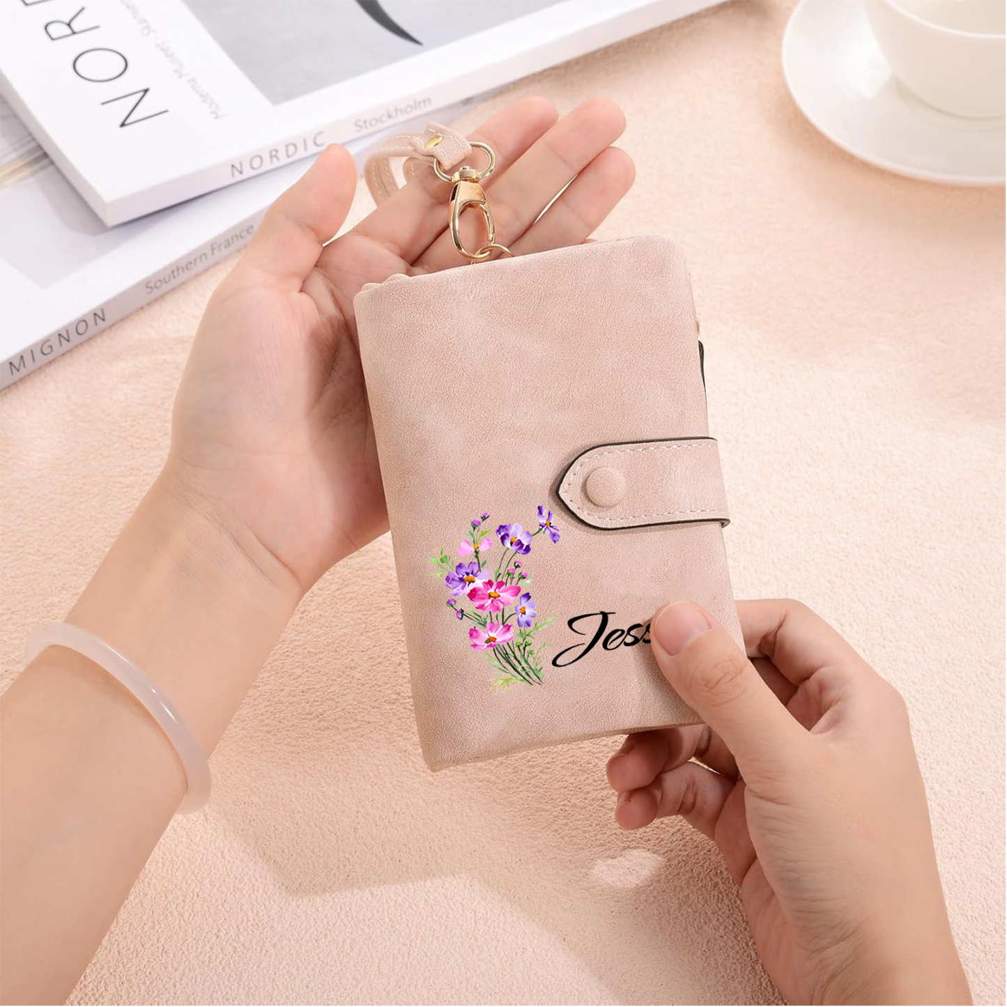 Personalised Women's Purse with Custom Name and Birth Flower – Pink Wallet , Christmas Gift for Her | Jessemade
