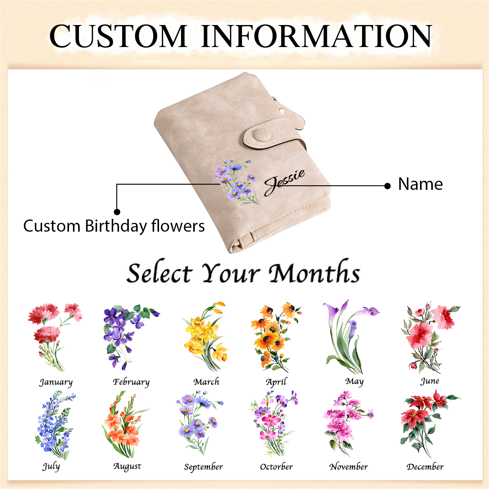 Personalised Women's Purse with Custom Name and Birth Flower – Pink Wallet , Christmas Gift for Her | Jessemade