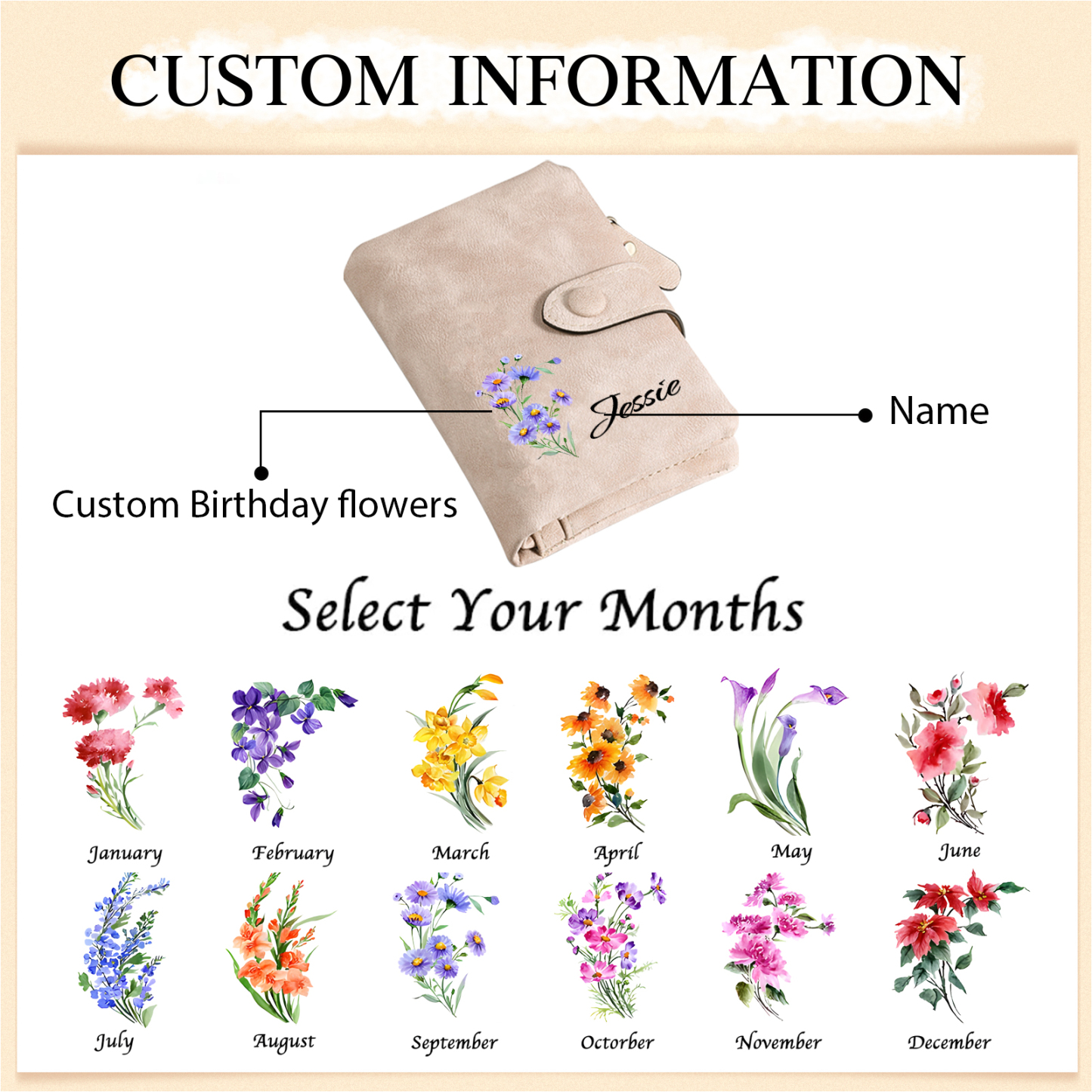 Personalised Women's Purse with Custom Name and Birth Flower – Pink Wallet , Christmas Gift for Her | Jessemade