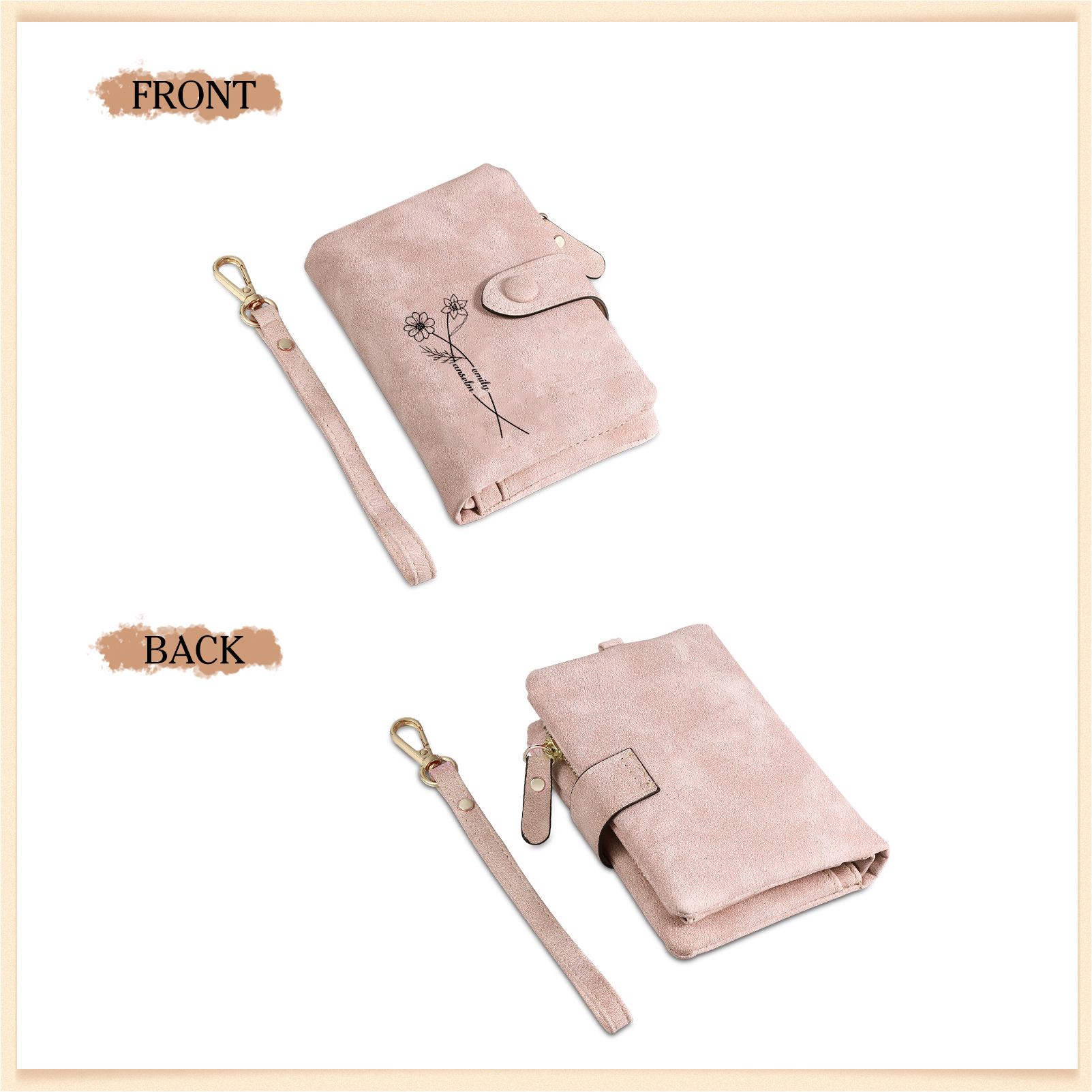 Personalised Women's Pink Purse – Custom with 2 Names & 2 Birth Flowers Pu Wallet Christmas Gift for Her | Jessemade