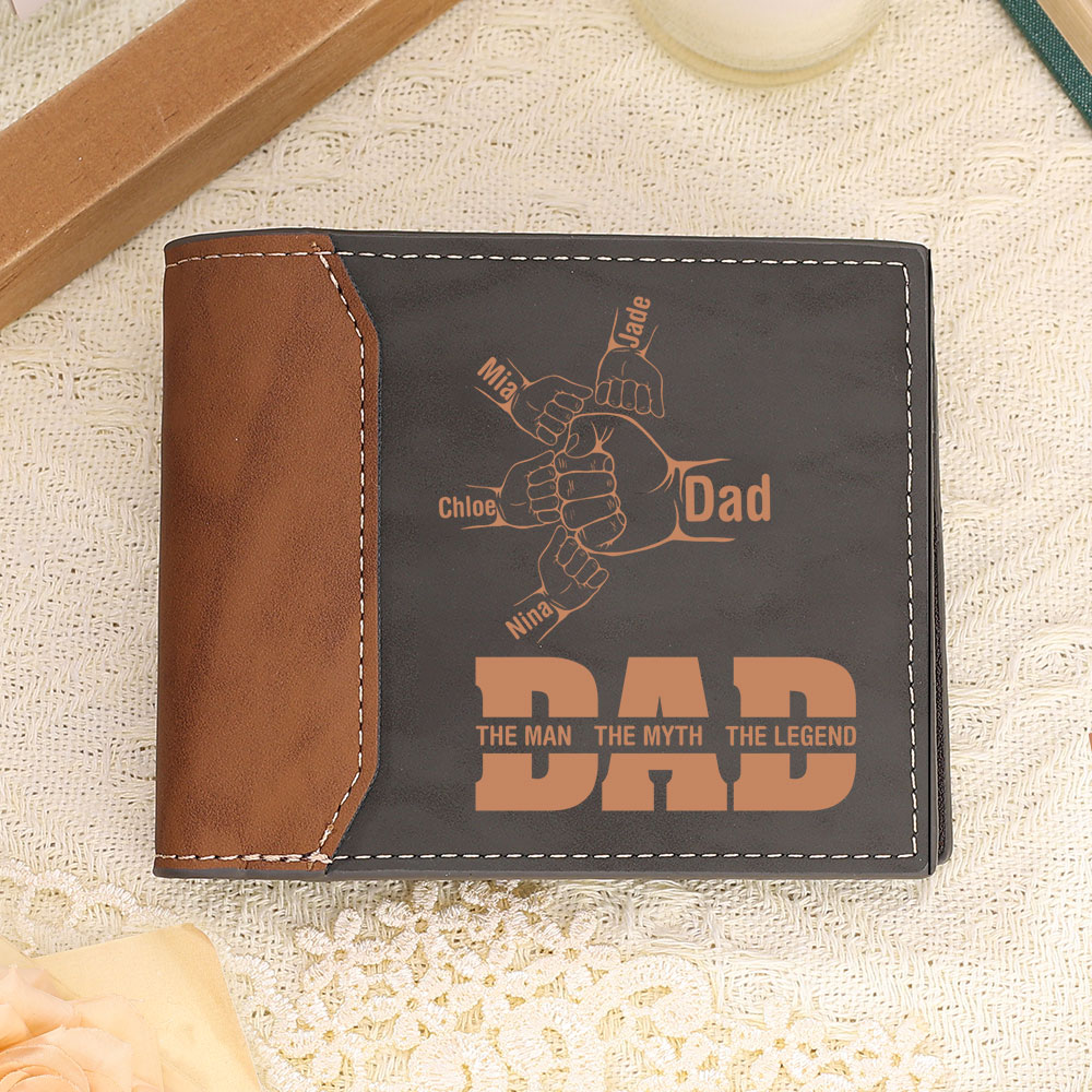 2-9 Names-Personalized Leather Men Wallet Engraved Fist Bump Folding Wallet Gift For Dad
