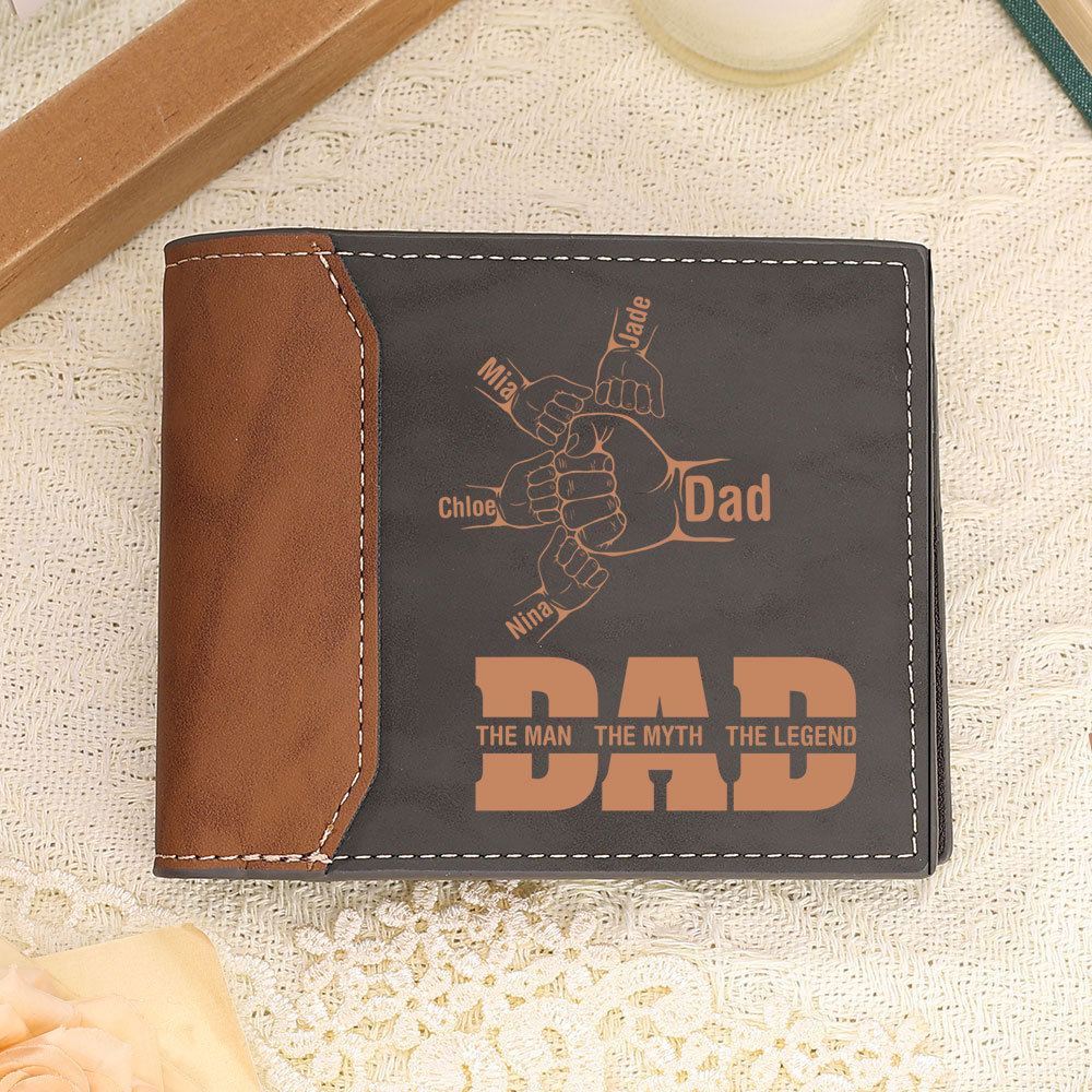 2-9 Names-Personalized Leather Men Wallet Engraved Fist Bump Folding Wallet Gift For Dad