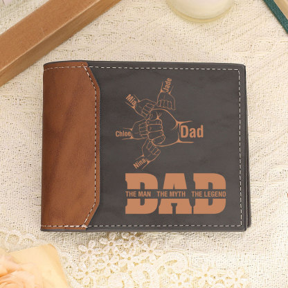 2-9 Names-Personalized Leather Men Wallet Engraved Fist Bump Folding Wallet Gift For Dad