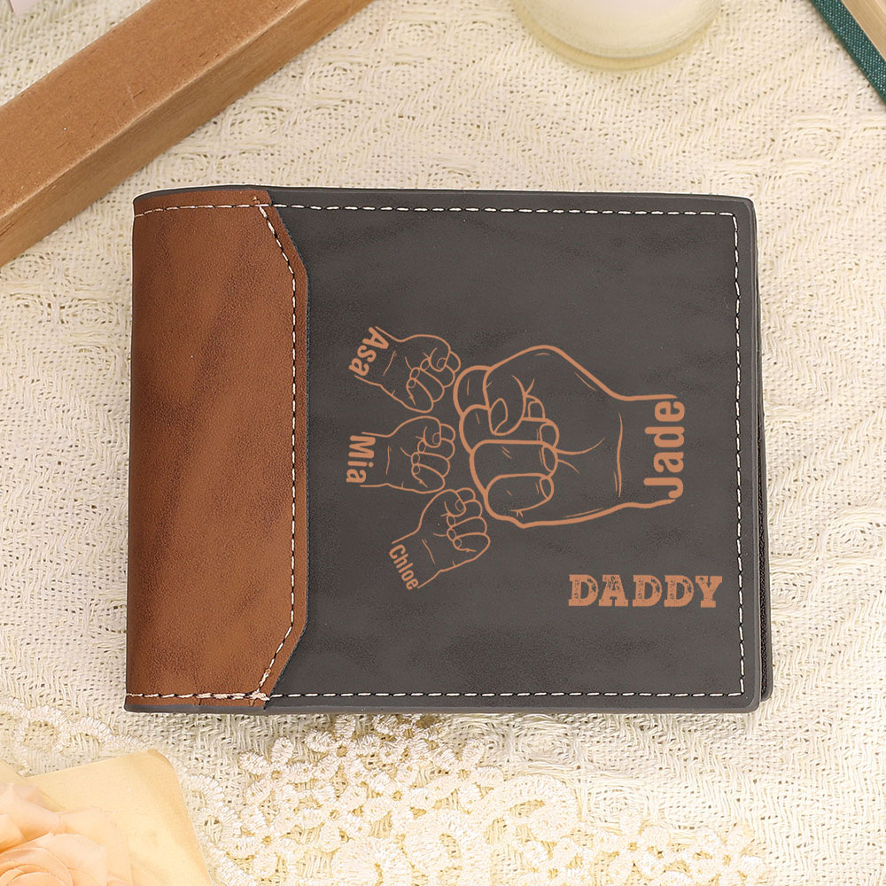 2-9 Names-Personalized Leather Men Wallet Engraved Fist Bump Folding Wallet Gift For Dad