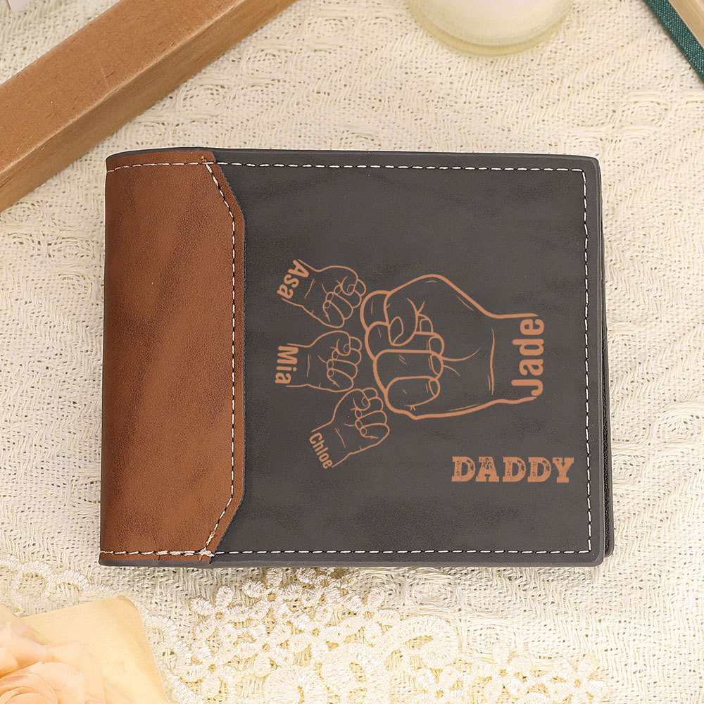 2-9 Names-Personalized Leather Men Wallet Engraved Fist Bump Folding Wallet Gift For Dad
