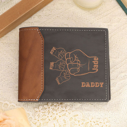 2-9 Names-Personalized Leather Men Wallet Engraved Fist Bump Folding Wallet Gift For Dad