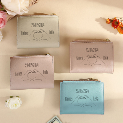 Personalised Women’s Wallet with Custom 2 Names, 1 Date, Text & Heart Gesture Design – Valentine’s Day Gift for Her | Jessemade