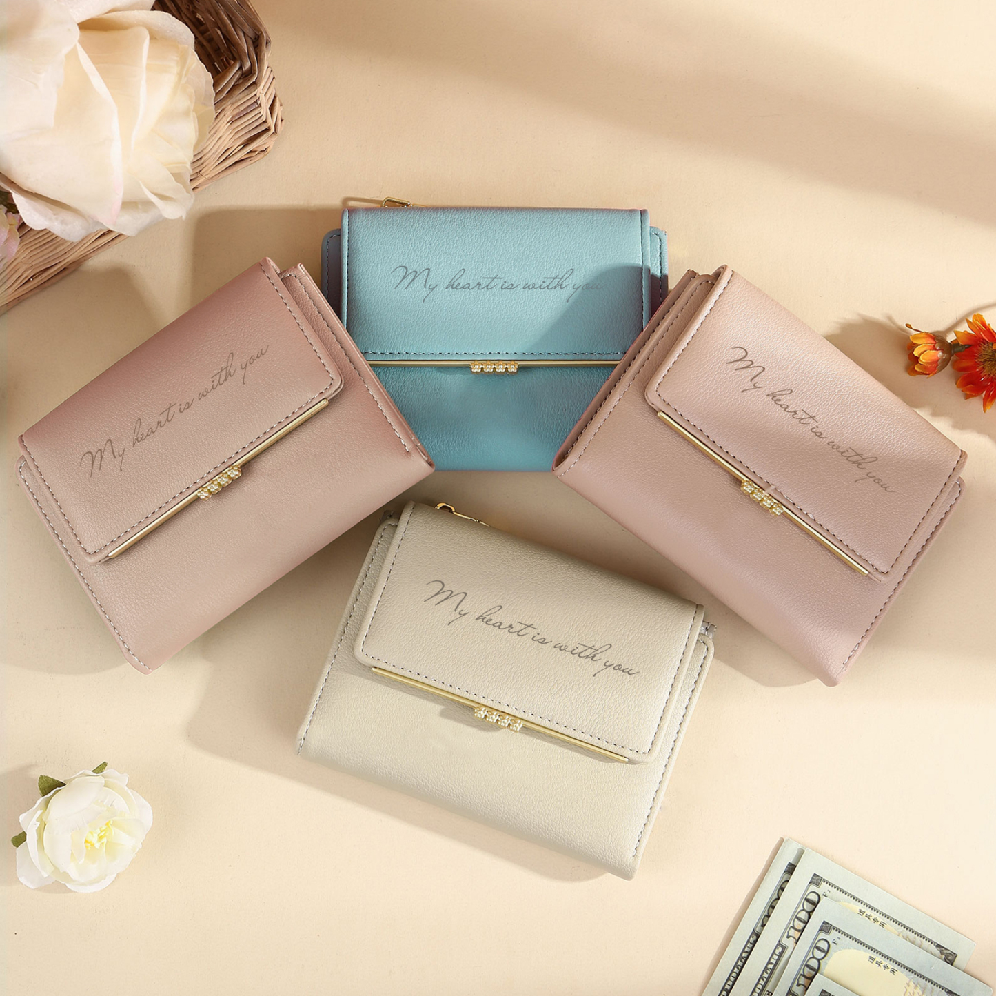 Personalised Women’s Wallet with Custom 2 Names, 1 Date, Text & Heart Gesture Design – Valentine’s Day Gift for Her | Jessemade