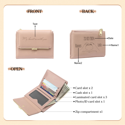 Personalised Women’s Wallet with Custom 2 Names, 1 Date, Text & Heart Gesture Design – Valentine’s Day Gift for Her | Jessemade