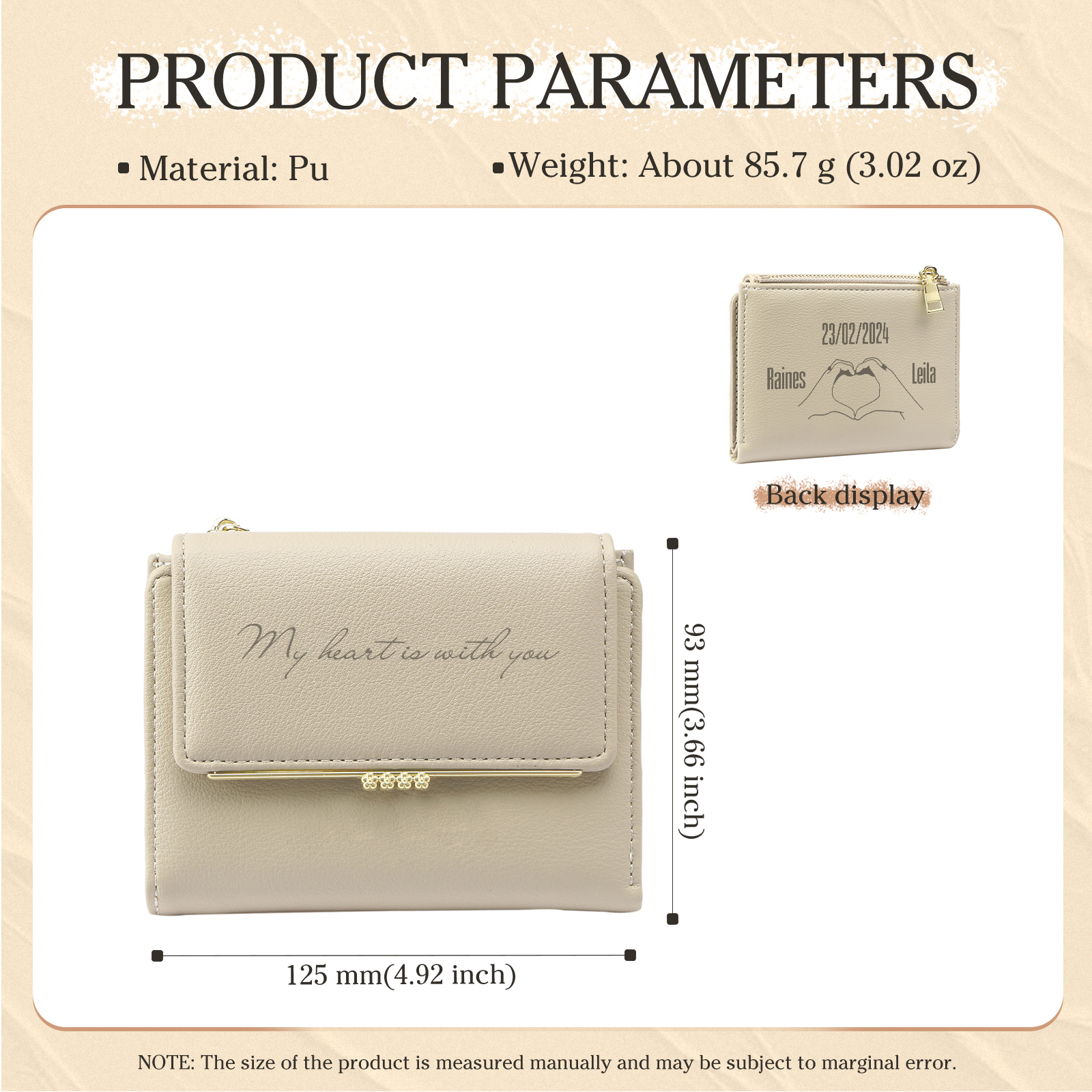 Personalised Women’s Wallet with Custom 2 Names, 1 Date, Text & Heart Gesture Design – Valentine’s Day Gift for Her | Jessemade