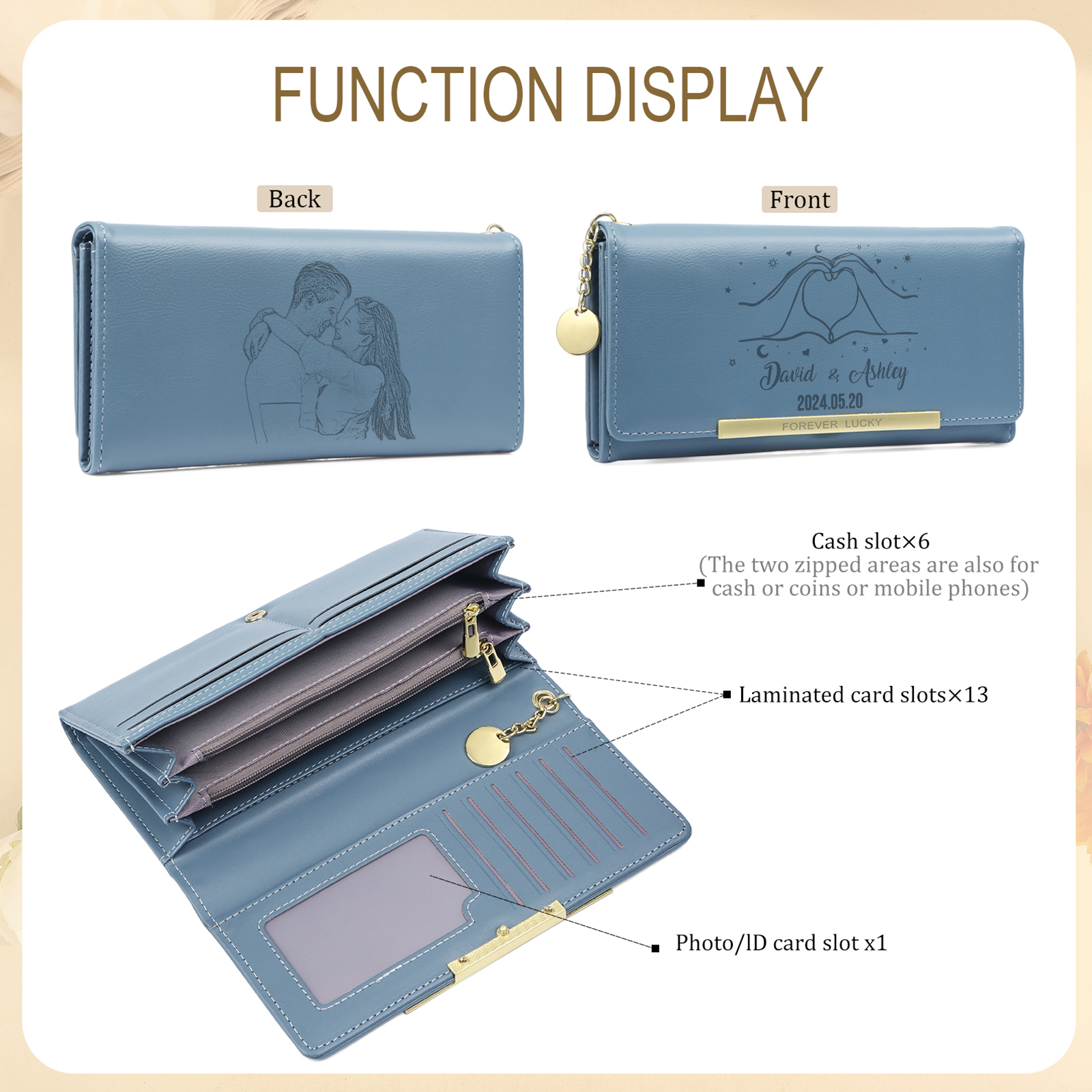 Personalised Women’s Wallet – Custom Names, Photo, Date & “Heart-in-Hand” Engraving with Stars – Available in Yellow, Blue & Pink – Valentine’s Day Gift for Her | Jessemade