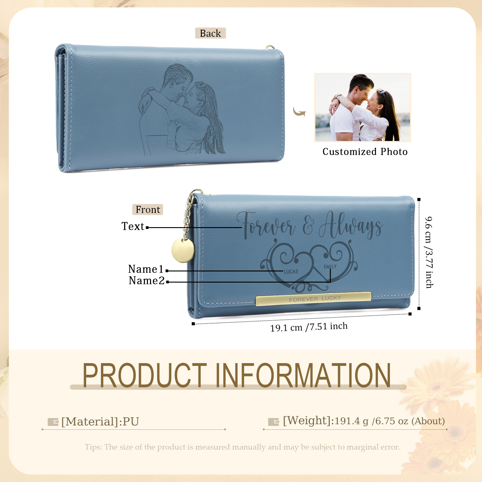 Personalised Women’s Wallet – Custom Names, Photo, Text & “Forever & Always” Heart Engraving – Valentine’s Day Gift for Her | Jessemade