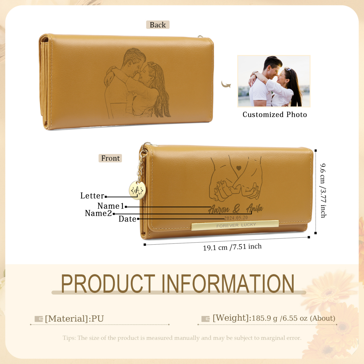 Personalised Women’s Wallet – Custom Names, Photo, Date, Initial Charm & “Forever Lucky” Engraving – Valentine’s Day Gift for Her | Jessemade