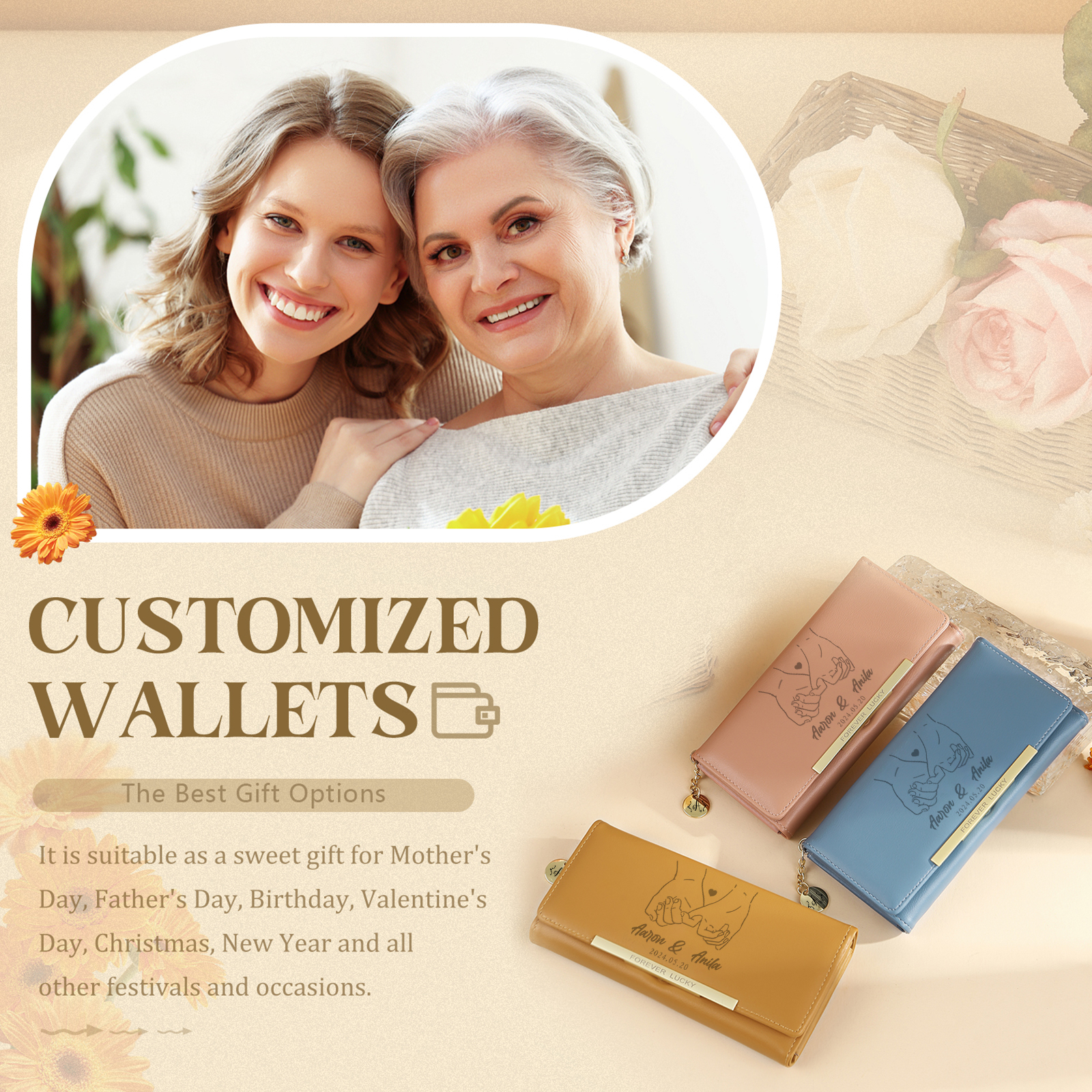Personalised Women’s Wallet – Custom Names, Photo, Date, Initial Charm & “Forever Lucky” Engraving – Valentine’s Day Gift for Her | Jessemade
