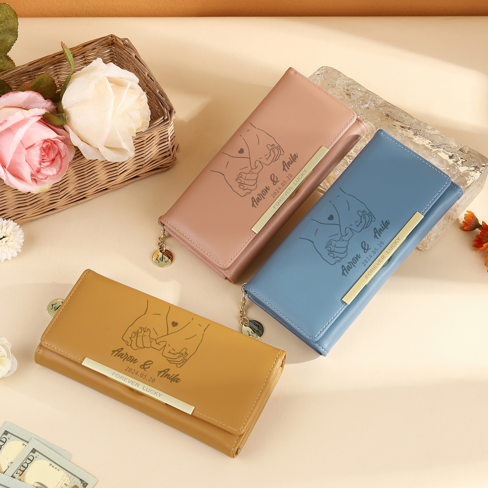 Personalised Women’s Wallet – Custom Names, Photo, Date, Initial Charm & “Forever Lucky” Engraving – Valentine’s Day Gift for Her | Jessemade